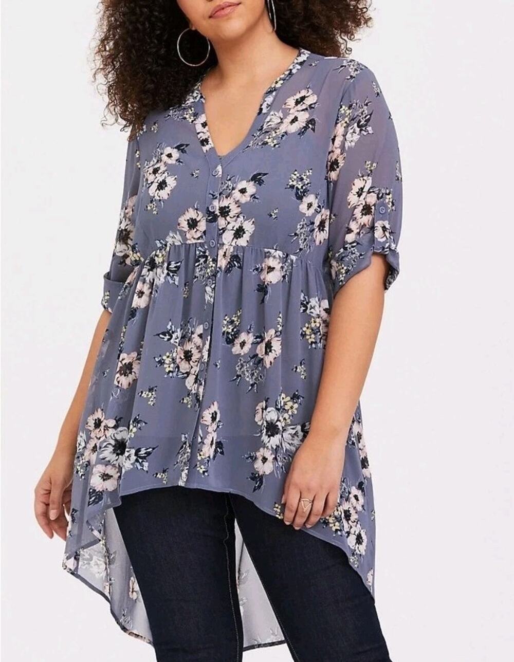 Torrid 4X Lexie Sheer Chiffon Babydoll High Low Tunic Top Blue Gray Floral
